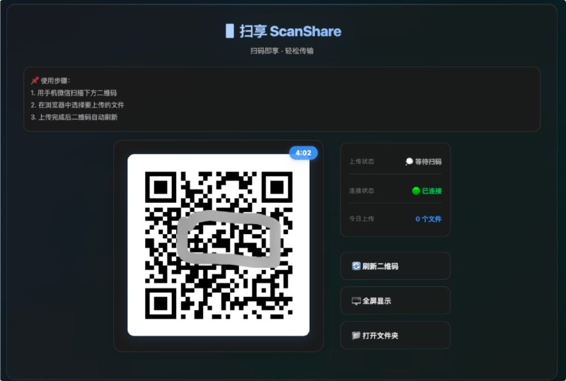 扫享 ScanShare：基于二维码的文件传输工具，微信一键扫描直接上传电脑，替代微信文件传输助手
