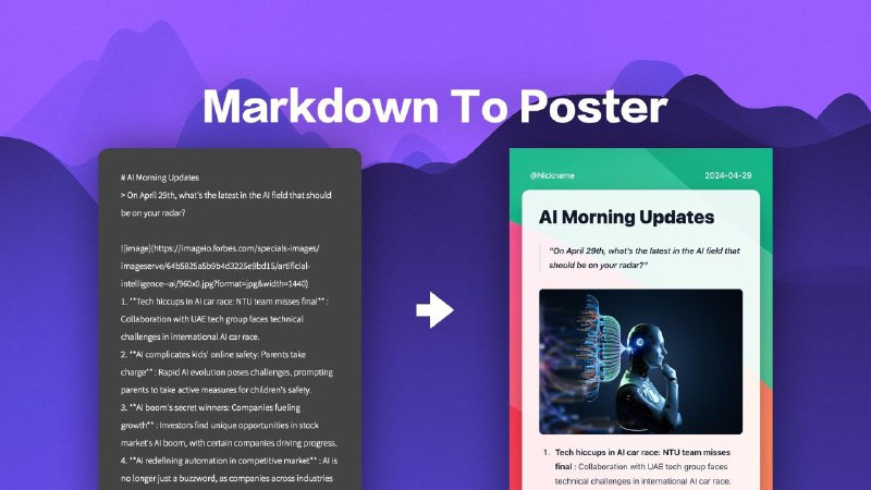 ➡️ Markdown To Poster - Markdown 转海报图片▎ 项目功能：Markdown 转海报图片▎ 项目介绍：一个可以将 Markdown 渲染为漂亮的社交媒体图片的开源工具，内置一个模板，支持模板扩展， 支持自定义主题，并且已内置 9 个主题， 支持复制为图像