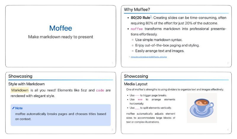 🆔  项目名称：moffee⭐️  项目功能：幻灯片制作📁  项目简介：一个开源的幻灯片制作工具，将 Markdown 文档转换为干净、专业的幻灯片演示文稿