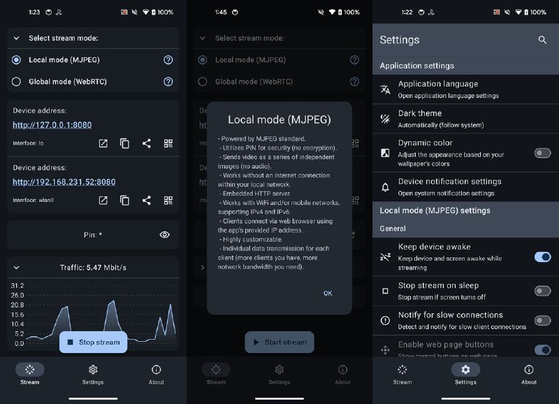 #软件 #工具 #开源📱 ScreenStream - 开源 Android 屏幕共享工具▎软件功能：屏幕共享▎软件平台：#Android▎软件介绍：一款开源工具，旨在让用户轻松共享其设备屏幕，提供两种流模式：全球模式和本地模式